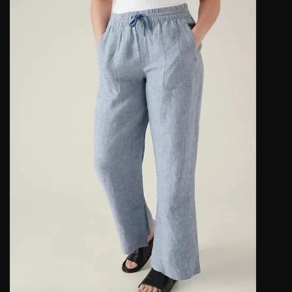 Athleta Retreat 100% Linen Wide Leg Pant Chambray Blue Pants Size 12